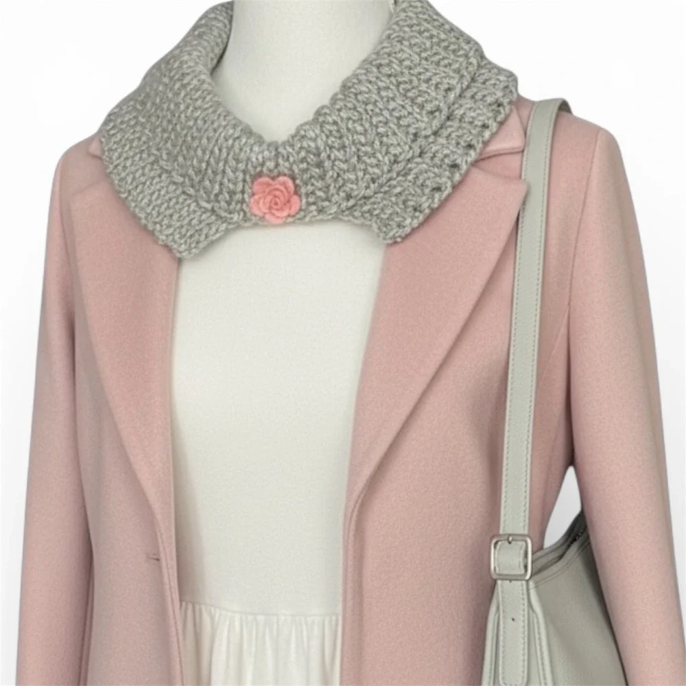 Handmade Knit Neck Warmer Cowl Collar Gray Sparkle Pink Rose Accent Cottagecore